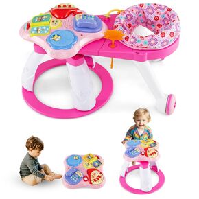 INFANS 3 in 1 Walk Around Baby Activity Center, Baby Walker with Play Table, Wheels, Detachable Seat Cushion, 3 Adjustable Heights, Learning Toys for Boys Girls Aged 6-36 Months (Pink)