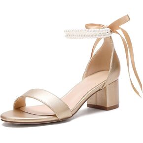 Women's Block Heels Pearl Chunky Sandals,Low Heel Satin Open Toe Wedding Dress Pump Shoes