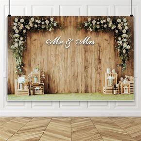 Leowefowa 7x5ft Wedding Backdrop White Flowers Rustic Wood Wall Photography Background Mr and Mrs Wedding Party Decorations Photo Wall Backdrop Vinyl