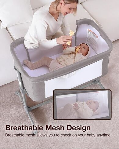 Larex Baby Bassinet ، 3 في 1 سرير سرير نائم للحديدين حديثي الولادة ، سرير محمول قابل للتعديل 7 سرير باسنيت مع مرتبة وعجلات رمادية داكنة in Kuwait