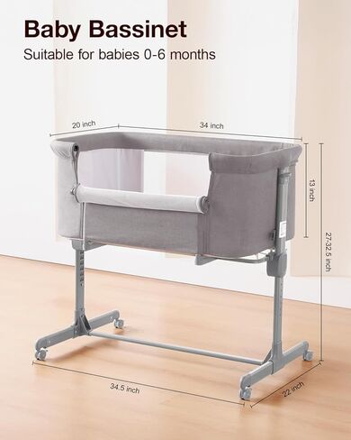 Larex Baby Bassinet ، 3 في 1 سرير سرير نائم للحديدين حديثي الولادة ، سرير محمول قابل للتعديل 7 سرير باسنيت مع مرتبة وعجلات رمادية داكنة in Kuwait