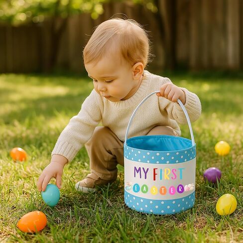 أول سلة عيد الفصح الخاصة بي مع Polka Dot و Bunny Design for Egg Hunt ، منظم عطلة الربيع. تخزين الحضانة ، ديكور موسمي (أزرق) in Saudi Arabia