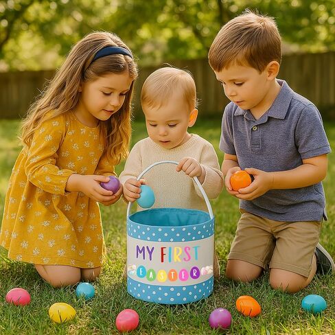 أول سلة عيد الفصح الخاصة بي مع Polka Dot و Bunny Design for Egg Hunt ، منظم عطلة الربيع. تخزين الحضانة ، ديكور موسمي (أزرق) in Saudi Arabia