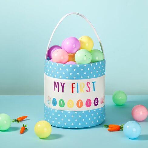 أول سلة عيد الفصح الخاصة بي مع Polka Dot و Bunny Design for Egg Hunt ، منظم عطلة الربيع. تخزين الحضانة ، ديكور موسمي (أزرق) in Saudi Arabia