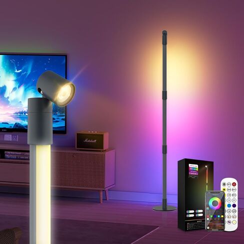 مصباح أرضي للزاوية - مصباح أرضي LED RGB أسود مع مزامنة الموسيقى و16 مليون لون DIY، تطبيق وجهاز تحكم عن بعد، مصباح زاوية ذكي حديث متغير اللون لغرفة النوم وغرفة المعيشة in Saudi Arabia