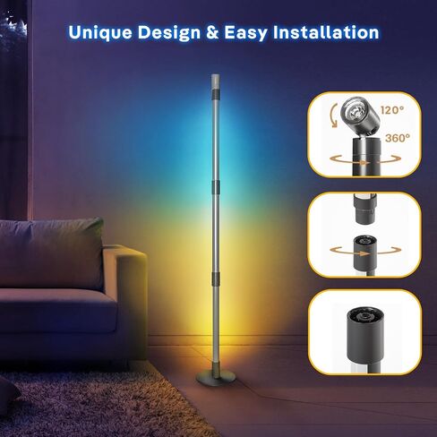 مصباح أرضي للزاوية - مصباح أرضي LED RGB أسود مع مزامنة الموسيقى و16 مليون لون DIY، تطبيق وجهاز تحكم عن بعد، مصباح زاوية ذكي حديث متغير اللون لغرفة النوم وغرفة المعيشة in Saudi Arabia