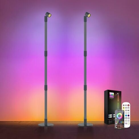 مصباح أرضي للزاوية - مصباح أرضي LED RGB أسود مع مزامنة الموسيقى و16 مليون لون DIY، تطبيق وجهاز تحكم عن بعد، مصباح زاوية ذكي حديث متغير اللون لغرفة النوم وغرفة المعيشة in Saudi Arabia