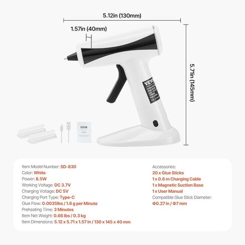 VEVOR Hot Glue Gun, Rechargeable Cordless Glue Gun, Mini Wireless Hot Glue Gun Kit with 2200mAh Battery, 20 Pcs Glue Sticks, Fast Preheating & High Temp, for Crafts, Arts, DIY, Quick Home Repairs in Kuwait