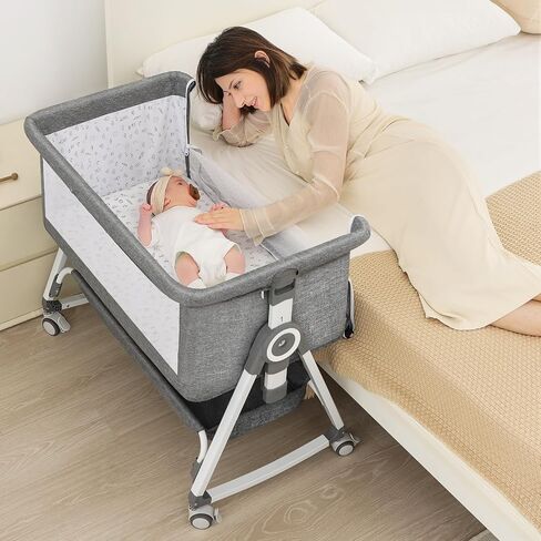 4-in-1 BABY BASSINET BEDEDER Sleeper للحديدين الجدد-هزاز الأطفال مع 6 ارتفاعات قابلة للتعديل وعجلات قفل 360 درجة | سرير الأطفال المحمول مع سلة التخزين وشبكة البعوض | شبكة التنفس in Kuwait