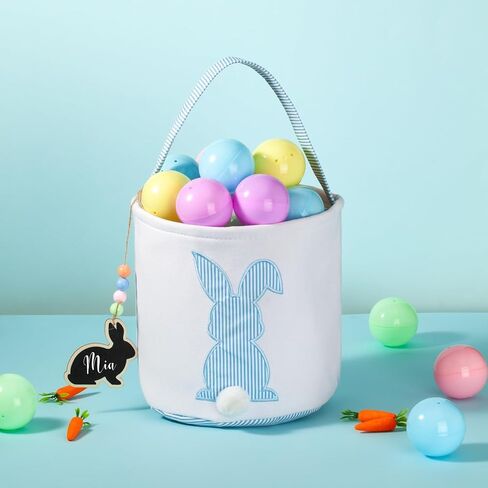 CHOIEO Easter Basket, Bunny Baskets with Pom-Pom Tail, Stripe Pattern, Bucket for Egg Hunts, Easter Gifts (Blue+Green) in Saudi Arabia