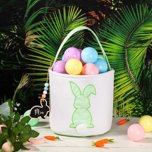 CHOIEO Easter Basket, Bunny Baskets with Pom-Pom Tail, Stripe Pattern, Bucket for Egg Hunts, Easter Gifts (Blue+Green) in Saudi Arabia