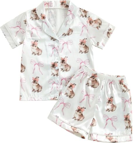 Kuriozud 4th of July Baby Girl Pajamas Silk Stain Pjs Summer Shirt Tops+Shorts 2Piece Set Toddler Kids Little Girl Sleepwear in Kuwait