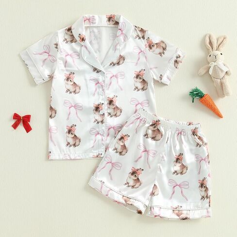 Kuriozud 4th of July Baby Girl Pajamas Silk Stain Pjs Summer Shirt Tops+Shorts 2Piece Set Toddler Kids Little Girl Sleepwear in Kuwait