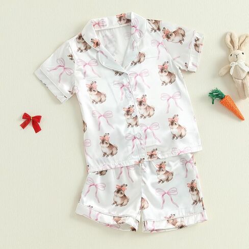 Kuriozud 4th of July Baby Girl Pajamas Silk Stain Pjs Summer Shirt Tops+Shorts 2Piece Set Toddler Kids Little Girl Sleepwear in Kuwait