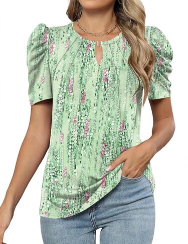 LUYAA Puff Short Sleeve Shirt for Women Dressy Casual Summer Tops V Neck Keyhole Blouses S-XXL in Saudi Arabia