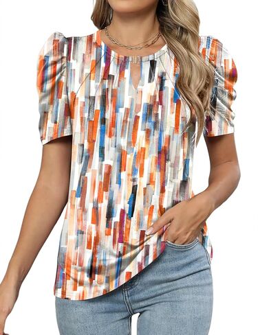 LUYAA Puff Short Sleeve Shirt for Women Dressy Casual Summer Tops V Neck Keyhole Blouses S-XXL in Saudi Arabia