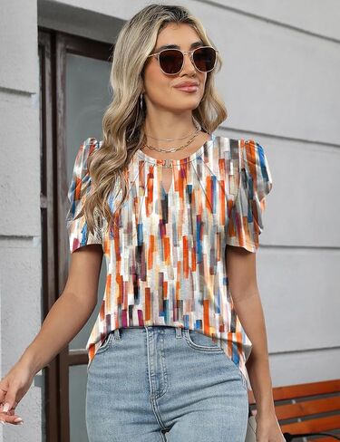LUYAA Puff Short Sleeve Shirt for Women Dressy Casual Summer Tops V Neck Keyhole Blouses S-XXL in Saudi Arabia