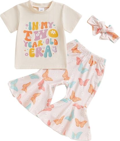 Toddler Baby Girl Birthday Outfits In My One Year Old Era Shirt Romper Bell Bottoms Birthday Girl Clothing Set in Saudi Arabia
