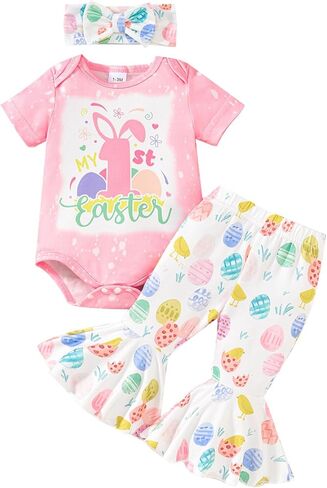 Newborn Baby Girl Easter Outfit Long Sleeve Romper Bodysuit Bunny Eggs Flared Pants Set Cute My 1st Easter Outfit in Kuwait
