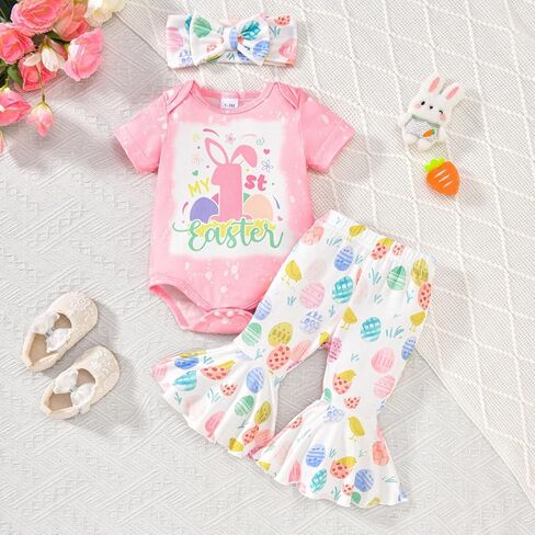 Newborn Baby Girl Easter Outfit Long Sleeve Romper Bodysuit Bunny Eggs Flared Pants Set Cute My 1st Easter Outfit in Kuwait