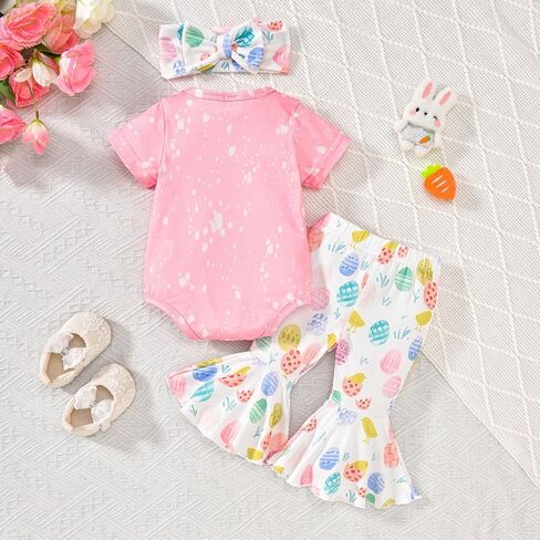 Newborn Baby Girl Easter Outfit Long Sleeve Romper Bodysuit Bunny Eggs Flared Pants Set Cute My 1st Easter Outfit in Kuwait