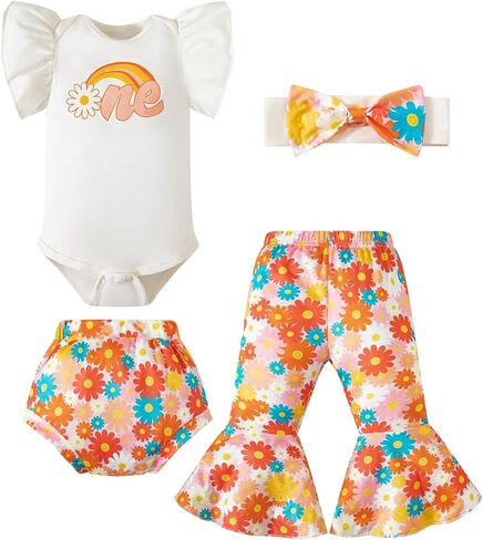 Baby Girls First Birthday Outfits Cow Sweet One Doughnut Strawberry Romper Flared Pants with Headband 4PCS Set in Saudi Arabia