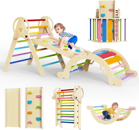 Taleco Gear Pikler Triangle Set 7 in 1,Foldable Baby C limbing T oys Wooden,Toddler Climbing Toys Indoor,Climbing Toys for Toddlers 1-3,with Ramp, Arch and Ladder(Rainbow) in Saudi Arabia