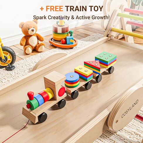 COSYLAND Pikler Triangle Set 8 in 1 - Adjustable 3-Level Montessori Climbing Toys for Toddlers 18M-6Y, Foldable Wooden Indoor Jungle Gym & Playground with Train Toy & Gift Box, Warm Tones in Saudi Arabia