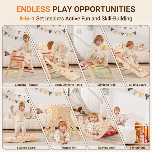 COSYLAND Pikler Triangle Set 8 in 1 - Adjustable 3-Level Montessori Climbing Toys for Toddlers 18M-6Y, Foldable Wooden Indoor Jungle Gym & Playground with Train Toy & Gift Box, Warm Tones in Saudi Arabia