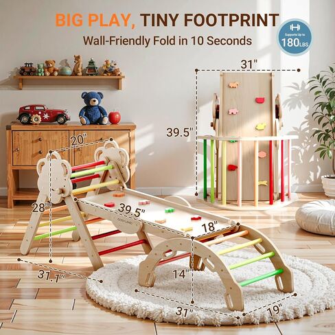 COSYLAND Pikler Triangle Set 8 in 1 - Adjustable 3-Level Montessori Climbing Toys for Toddlers 18M-6Y, Foldable Wooden Indoor Jungle Gym & Playground with Train Toy & Gift Box, Warm Tones in Saudi Arabia
