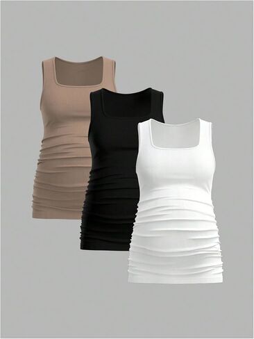 MakeMeChic Women's 3 Pack Maternity Tank Tops Square Neck Sleeveless Ruched Pregnancy Top in Saudi Arabia