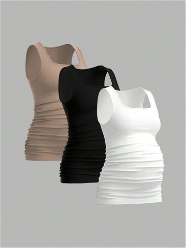 MakeMeChic Women's 3 Pack Maternity Tank Tops Square Neck Sleeveless Ruched Pregnancy Top in Saudi Arabia