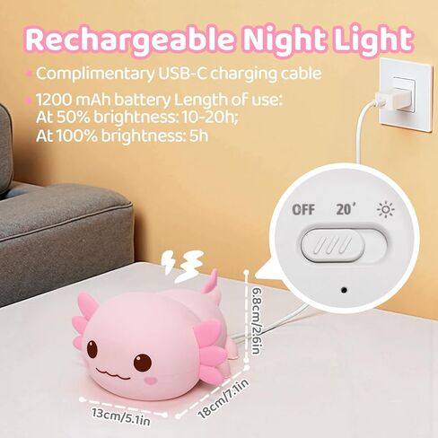 Huggwaii Squishy Axolotl Night Light for Kids ، Silicone Kids Light Light مع 4 ضوضاء بيضاء ، 2025 مصباح Axolotl المصباح القابل لإعادة الشحن in Kuwait