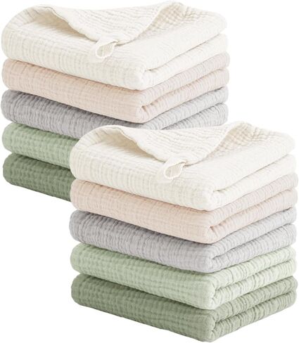 Konssy 10-Pack Muslin Baby Washcloths,100% Cotton Baby Wash Cloths for Newborn Kids Girls & Boys, Soft & Absorbent Washcloths in Saudi Arabia