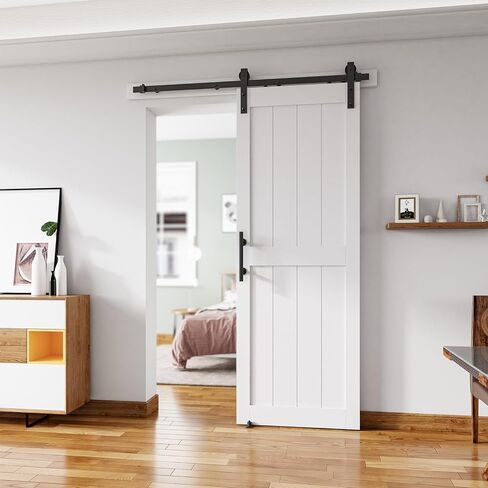 28''x80'' Sliding Barn Door with 5 Ft Barn Door Hardware Kit& Handle& Floor Guides,Pre-Drilled Holes Easy Assembly - Include Installation Manual, Water-Proof PVC Surface, H-Frame, White in Kuwait