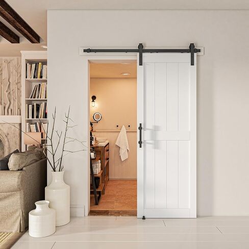 28''x80'' Sliding Barn Door with 5 Ft Barn Door Hardware Kit& Handle& Floor Guides,Pre-Drilled Holes Easy Assembly - Include Installation Manual, Water-Proof PVC Surface, H-Frame, White in Kuwait