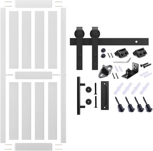 28''x80'' Sliding Barn Door with 5 Ft Barn Door Hardware Kit& Handle& Floor Guides,Pre-Drilled Holes Easy Assembly - Include Installation Manual, Water-Proof PVC Surface, H-Frame, White in Kuwait