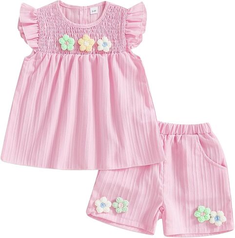 Toddler Baby Girl Clothes Knit Floral Fly Sleeve Tops Shorts Cute Summer Spring Outfits Infant Clothing Set in Saudi Arabia
