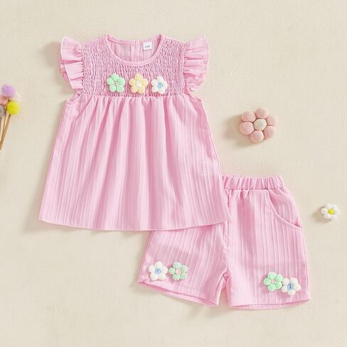 Toddler Baby Girl Clothes Knit Floral Fly Sleeve Tops Shorts Cute Summer Spring Outfits Infant Clothing Set in Saudi Arabia