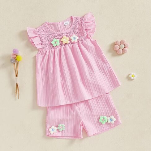 Toddler Baby Girl Clothes Knit Floral Fly Sleeve Tops Shorts Cute Summer Spring Outfits Infant Clothing Set in Saudi Arabia
