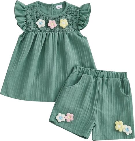 Toddler Baby Girl Clothes Knit Floral Fly Sleeve Tops Shorts Cute Summer Spring Outfits Infant Clothing Set in Saudi Arabia