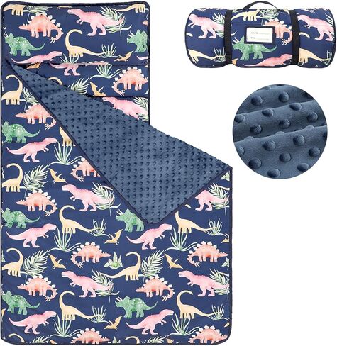 SWESEN Toddler Nap Mat for Preschool, Soft Kids Nap Mat with Removable Pillow and Minky Blanket, Extra Large Rolled Daycare Sleeping Bag for Boys Girls, 22in x 55in, Ages 3-6 Years in Kuwait