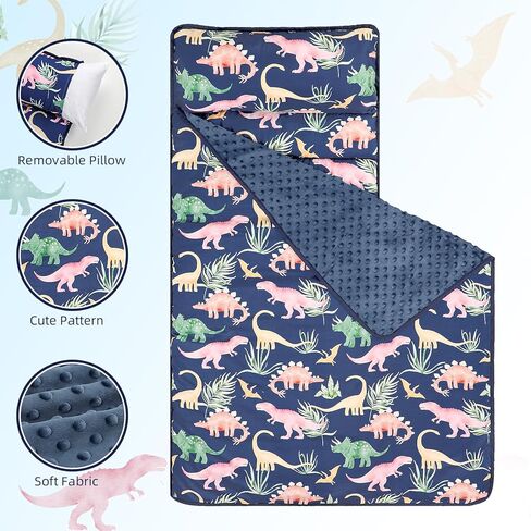 SWESEN Toddler Nap Mat for Preschool, Soft Kids Nap Mat with Removable Pillow and Minky Blanket, Extra Large Rolled Daycare Sleeping Bag for Boys Girls, 22in x 55in, Ages 3-6 Years in Kuwait