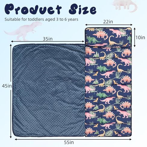 SWESEN Toddler Nap Mat for Preschool, Soft Kids Nap Mat with Removable Pillow and Minky Blanket, Extra Large Rolled Daycare Sleeping Bag for Boys Girls, 22in x 55in, Ages 3-6 Years in Kuwait