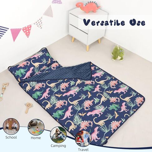 SWESEN Toddler Nap Mat for Preschool, Soft Kids Nap Mat with Removable Pillow and Minky Blanket, Extra Large Rolled Daycare Sleeping Bag for Boys Girls, 22in x 55in, Ages 3-6 Years in Kuwait