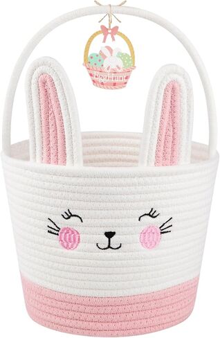 Personalized Easter Basket for Toddler, Woven Baby Easter Gifts basket with Handle, Empty Bunny Egg Basket for Girls Boys Kids, Pink&White in Kuwait