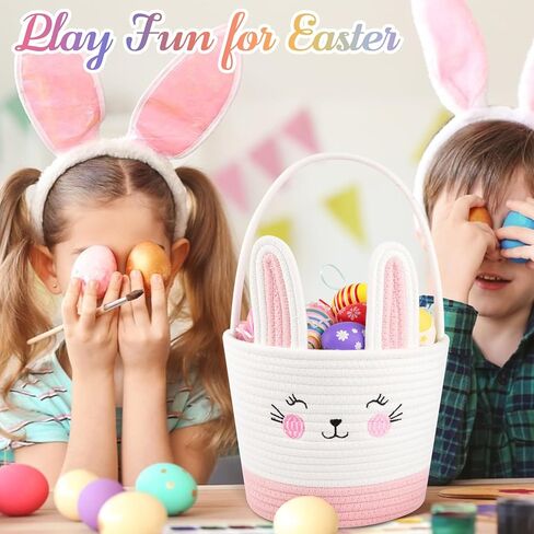 Personalized Easter Basket for Toddler, Woven Baby Easter Gifts basket with Handle, Empty Bunny Egg Basket for Girls Boys Kids, Pink&White in Kuwait