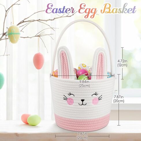 Personalized Easter Basket for Toddler, Woven Baby Easter Gifts basket with Handle, Empty Bunny Egg Basket for Girls Boys Kids, Pink&White in Kuwait