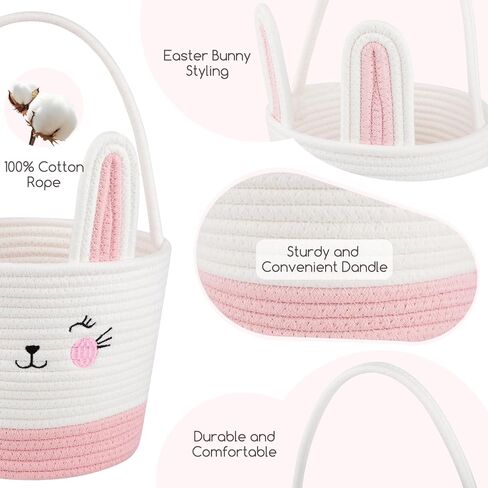 Personalized Easter Basket for Toddler, Woven Baby Easter Gifts basket with Handle, Empty Bunny Egg Basket for Girls Boys Kids, Pink&White in Kuwait