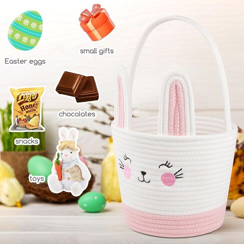 Personalized Easter Basket for Toddler, Woven Baby Easter Gifts basket with Handle, Empty Bunny Egg Basket for Girls Boys Kids, Pink&White in Kuwait